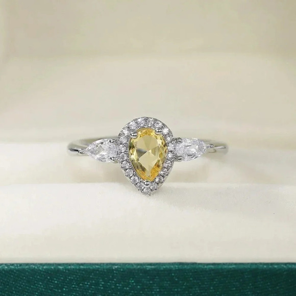😍925 Silver Yellow Water Drop Romantic Crystal Diamond Ring for Women, K778 - Picture 3 of 10